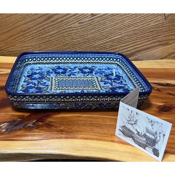 Polish Pottery UNIKAT Bakeware Handmade #1864 Blue Floral Rectangular - Picture 2 of 10